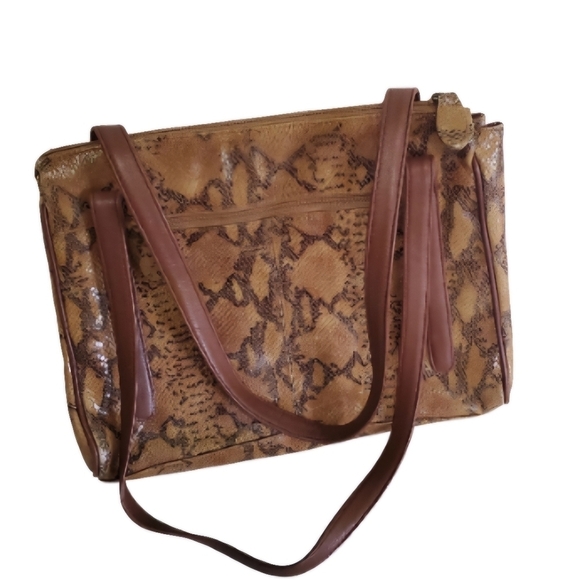 Tignanello Brown Snake Print Leather Dual Strap Shoulder Bag - Picture 1 of 9